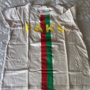 Gucci Cream Short-Sleeve Tee with Red & Green Center Stripe and Yellow Logo